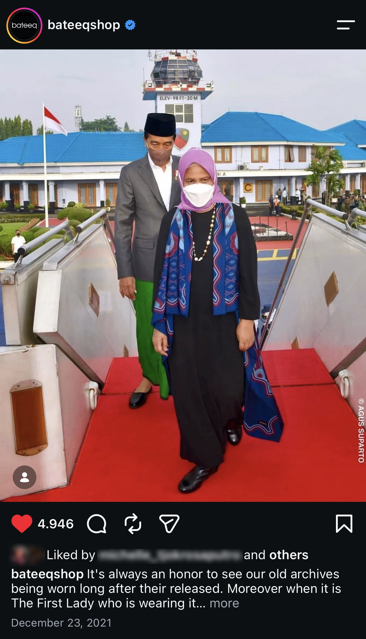 Bateeq social post featuring Indonesia's First Lady wearing a Heroïne archive piece