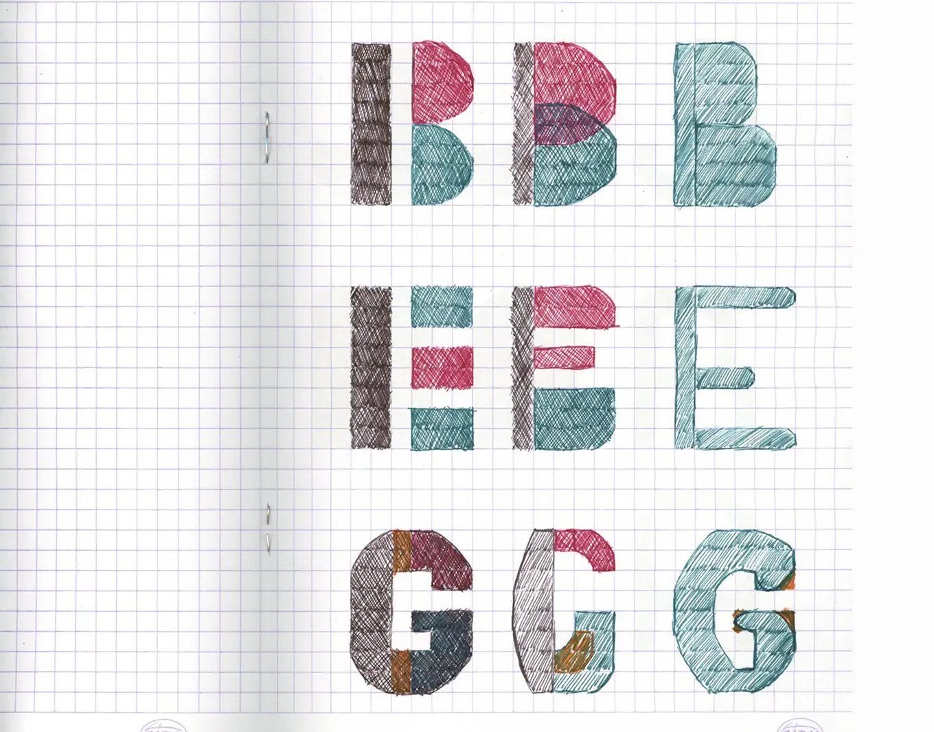Early modular letterform studies for B, E and G