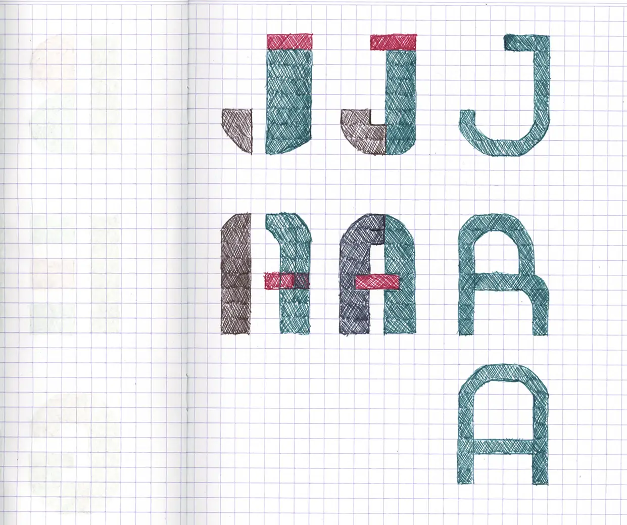 Geometric letterform studies for J and A