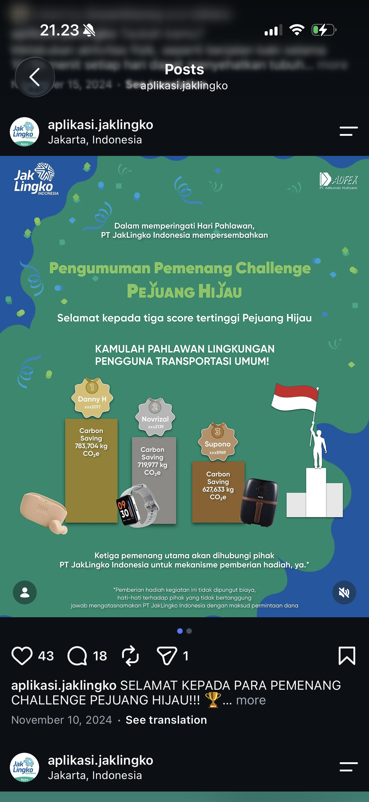 Pejuang Hijau challenge winners announced on JakLingko’s official Instagram account