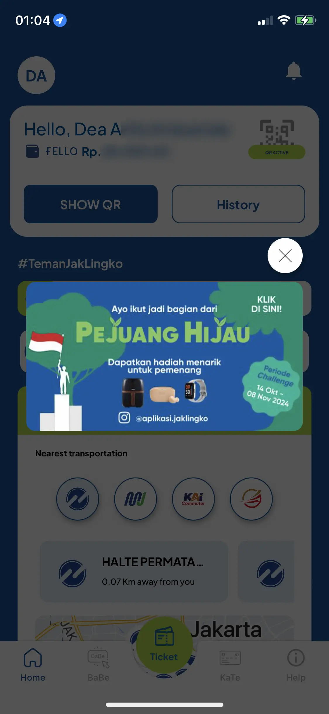 Pejuang Hijau campaign banner displayed inside the JakLingko mobile application