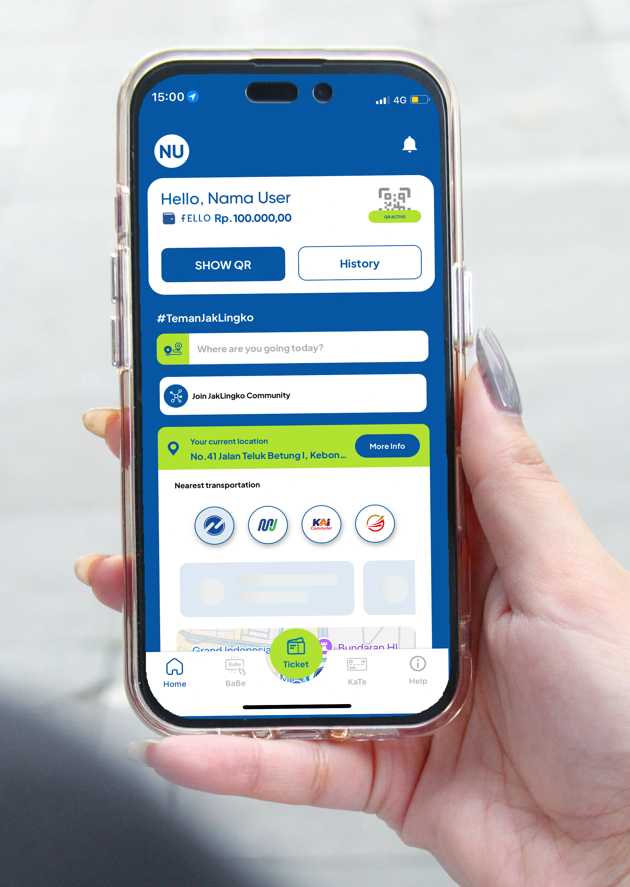 JakLingko mobile application displayed on a phone held in a hand