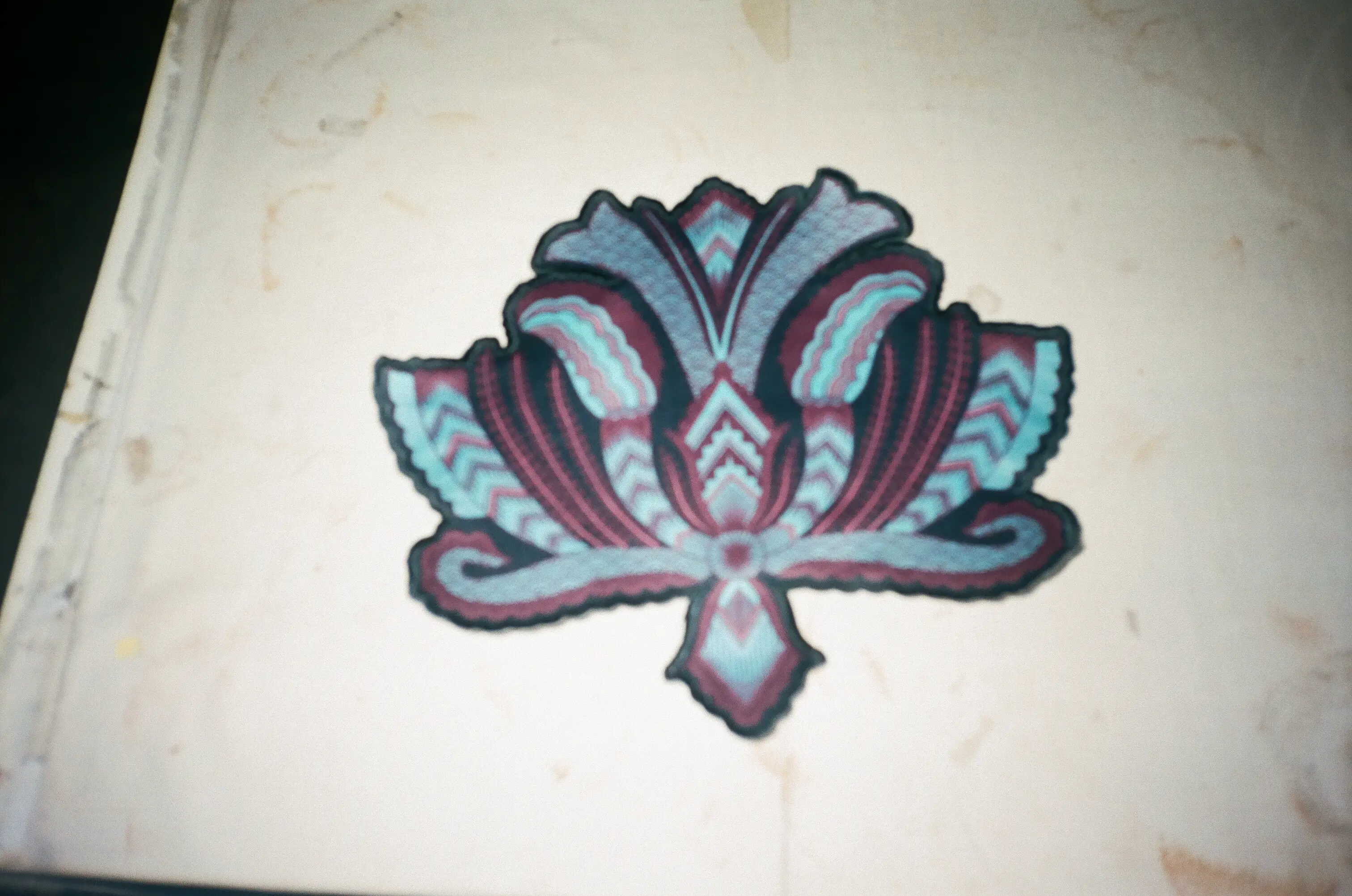 Pisang Bali embroidery patch photographed on 35mm